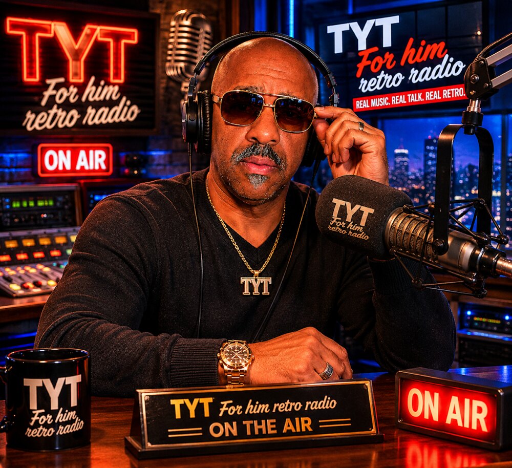 Brother Larry hosting TYT For Him Retro Radio in the Riverside radio studio